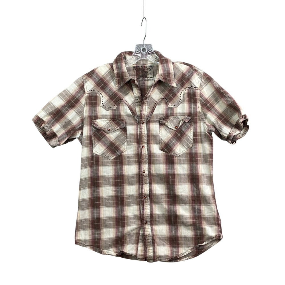 Salt Valley Western Shirt Mens Medium Brown Plaid Snap Up Academia Whipstitch